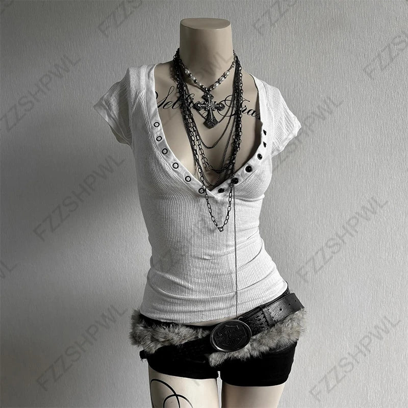Gothic Y2K Women's Long-Sleeve T-Shirt Sexy Slim Fit Chic Slash Neck Zipper Design Crop Top Rock Punk Hip Hop Women's Streetwear