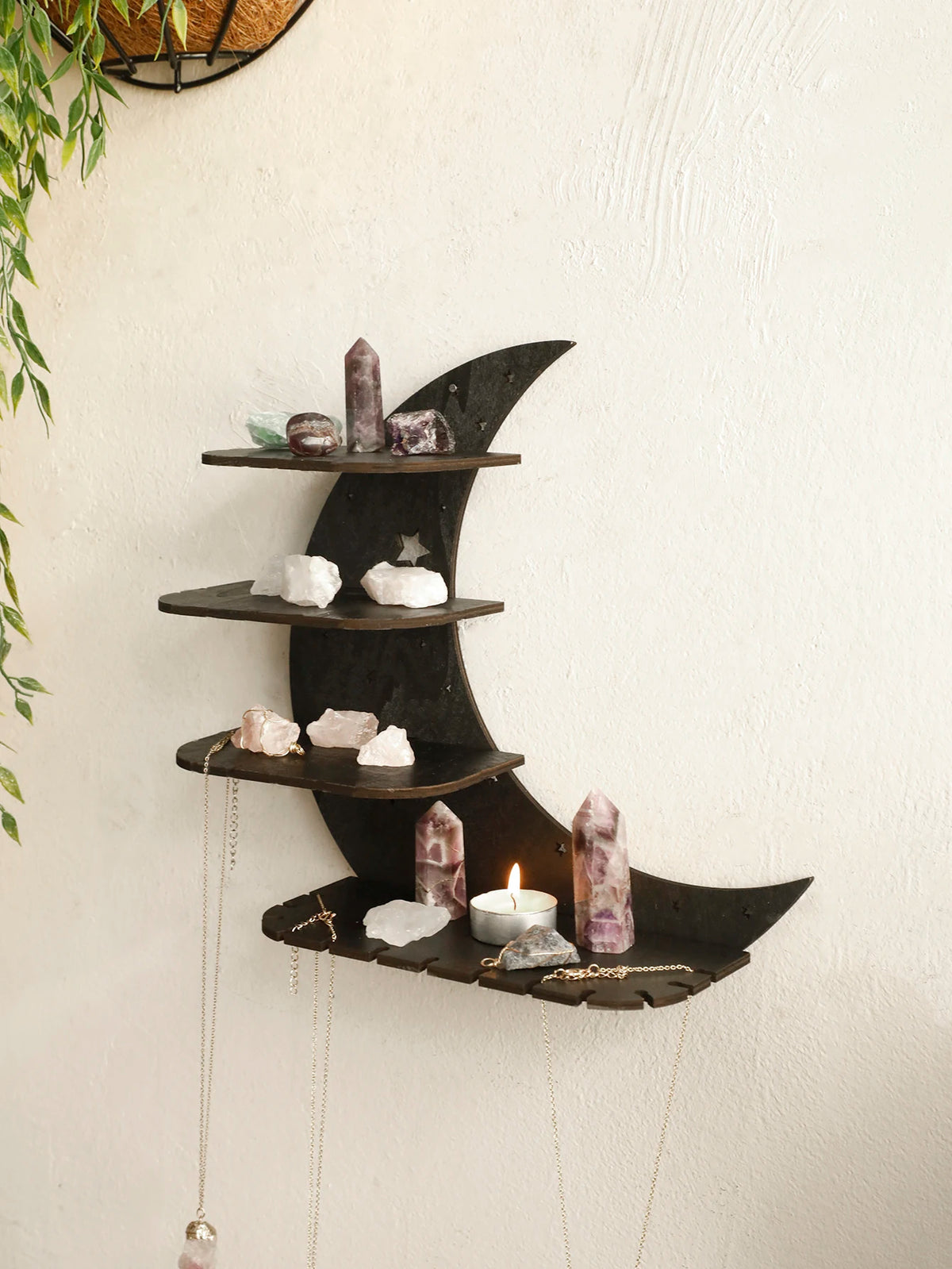 30/39cm Black Moon Wall Shelves 4-tier Wood Floating Wall Shelf Gothic Home Decor Crystal Shelf Display Ledge Essential Oil Rack