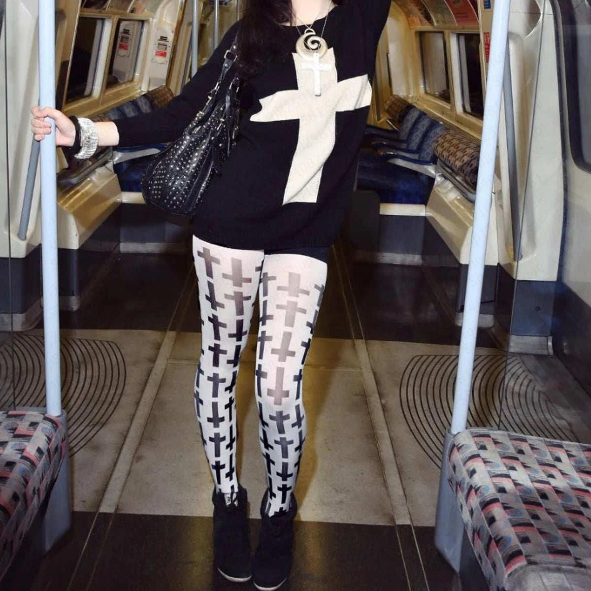 2000s aesthetic punk classic cross print women's jumpsuit sweet Kawaii slim fit Y2K style socks Lolita thigh high socks Emo girl