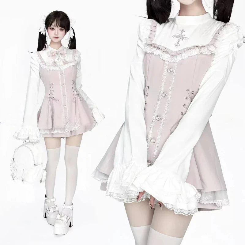 Y2k Aesthetic Lolita Style Bow Dress Shorts Set Japanese Women Gothic Lace Flare Sleeve Button Shirt Dress Punk Party Mini Dress
