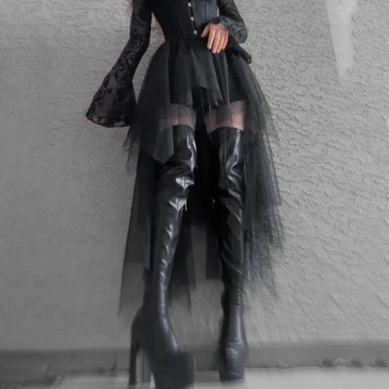 Fashion Net Yarn High-Waisted Irregular Skirt for Women Gothic Style Summer Casual Skirt Sexy and Charming Goth