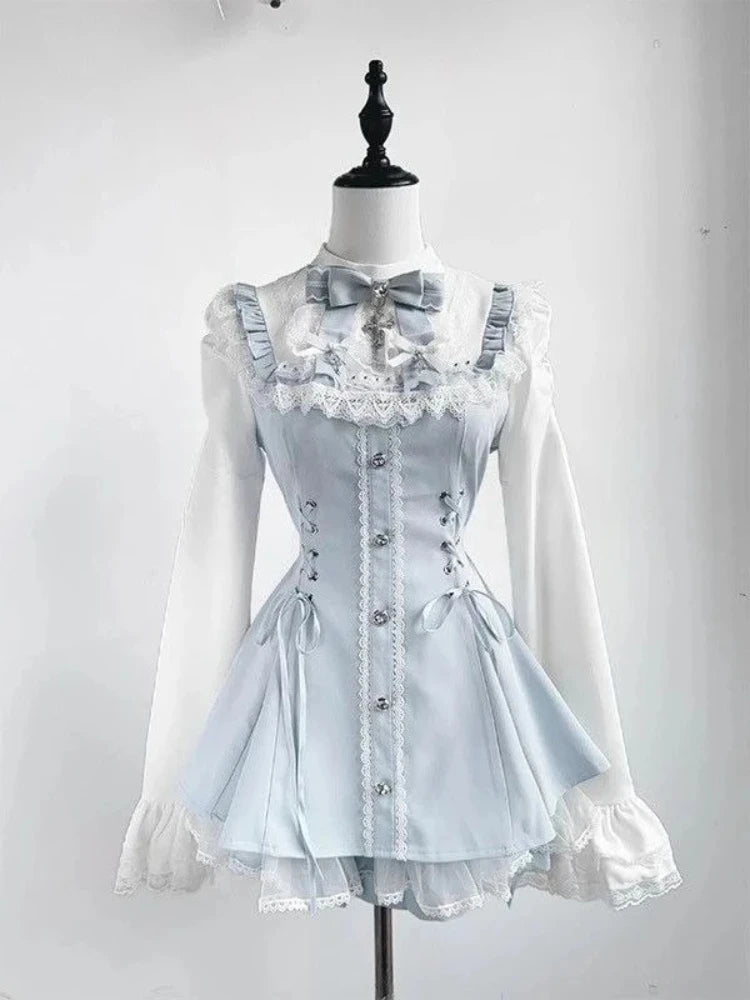 Y2k Aesthetic Lolita Style Bow Dress Shorts Set Japanese Women Gothic Lace Flare Sleeve Button Shirt Dress Punk Party Mini Dress