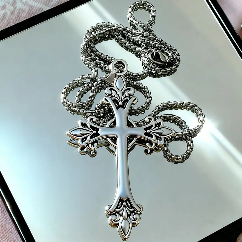 Fashion Punk Gothic Rose Cross Pendants Necklace for Women Silver Cross Choker Y2k Hip Hop Necklace Sweater Chain Gifts