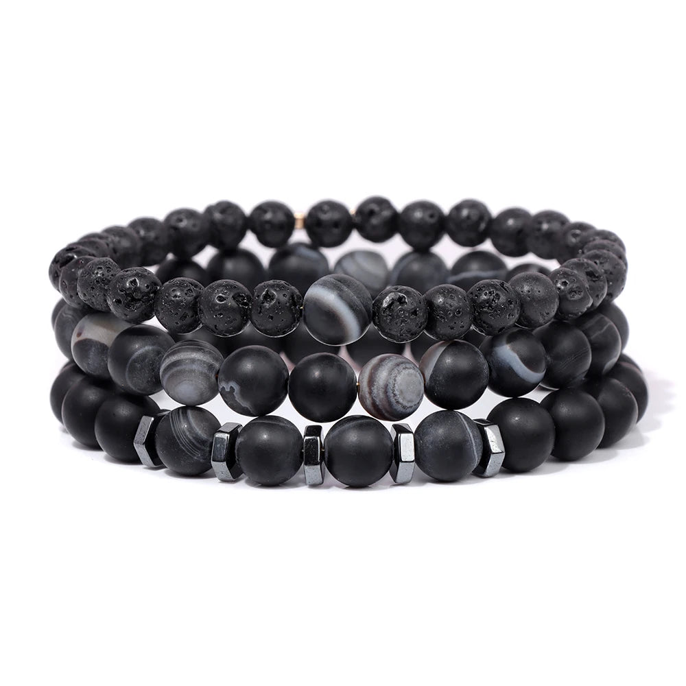 Men Stone Bracelet Set Multi-layer Black Volcanic Wood Beads Elastic Bracelet Viking Homme Pulsera Hombre Hip-Hop Punk Jewelry