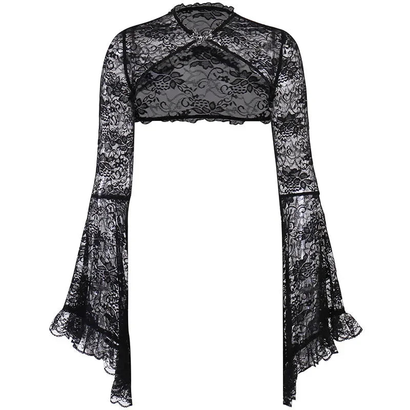 Gothic Classic Lace Cover Ups Women Mesh Crop Top See Through Sexy Flare Sleeve Blouse Y2k Black Rave Outfit Festival