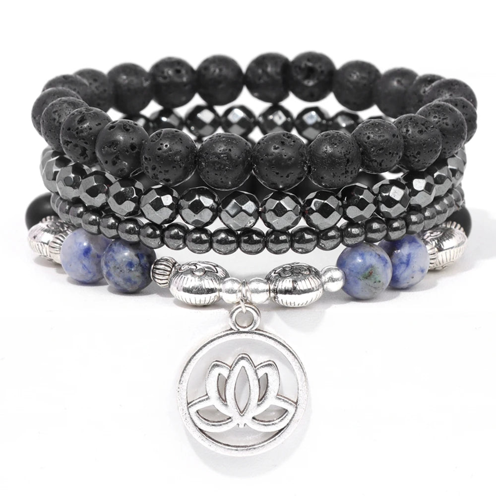 Men Stone Bracelet Set Multi-layer Black Volcanic Wood Beads Elastic Bracelet Viking Homme Pulsera Hombre Hip-Hop Punk Jewelry
