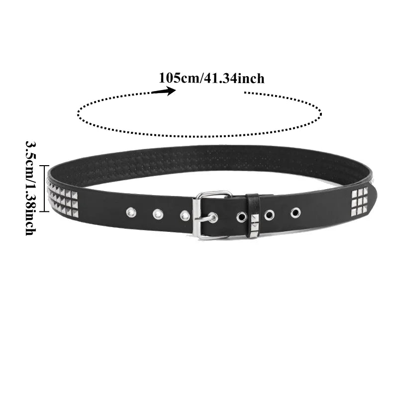 Fashionable Punk European American Pyramid and Square Bead Studded Leather Belt Trendy Niche Women’s Pin-Buckle Belts