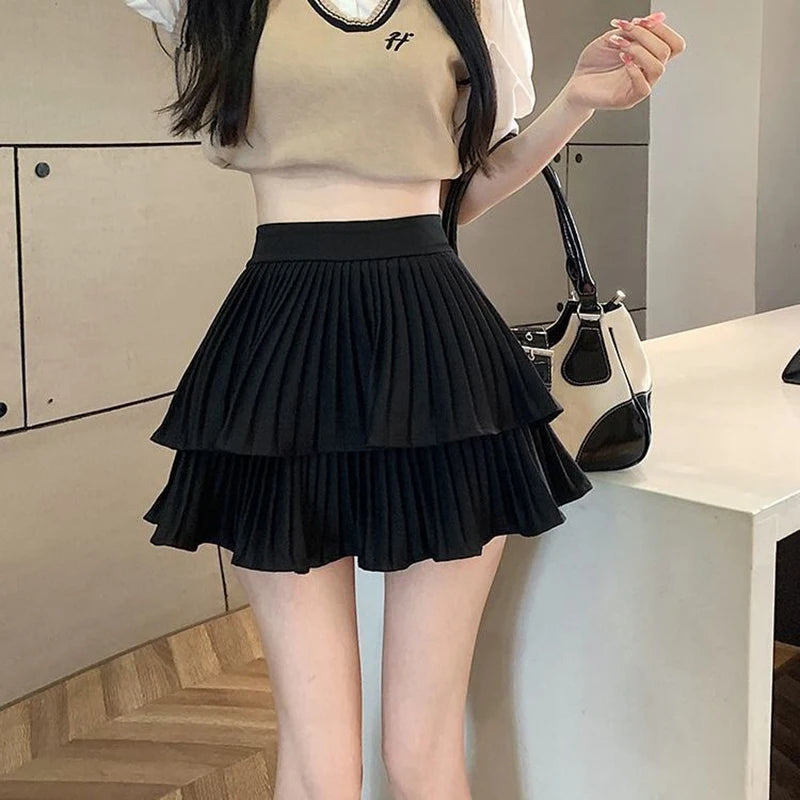 Women Skirts Tiered Ruffles Mini Skirt Cross Charms Built-in Shorts Kawaii Japanese Skort Gothic Punk Y2K Girl Harajuku 90s Sexy