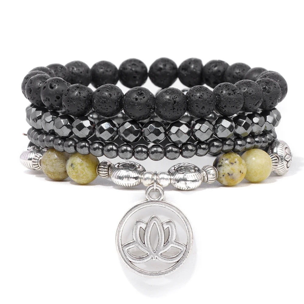 Men Stone Bracelet Set Multi-layer Black Volcanic Wood Beads Elastic Bracelet Viking Homme Pulsera Hombre Hip-Hop Punk Jewelry