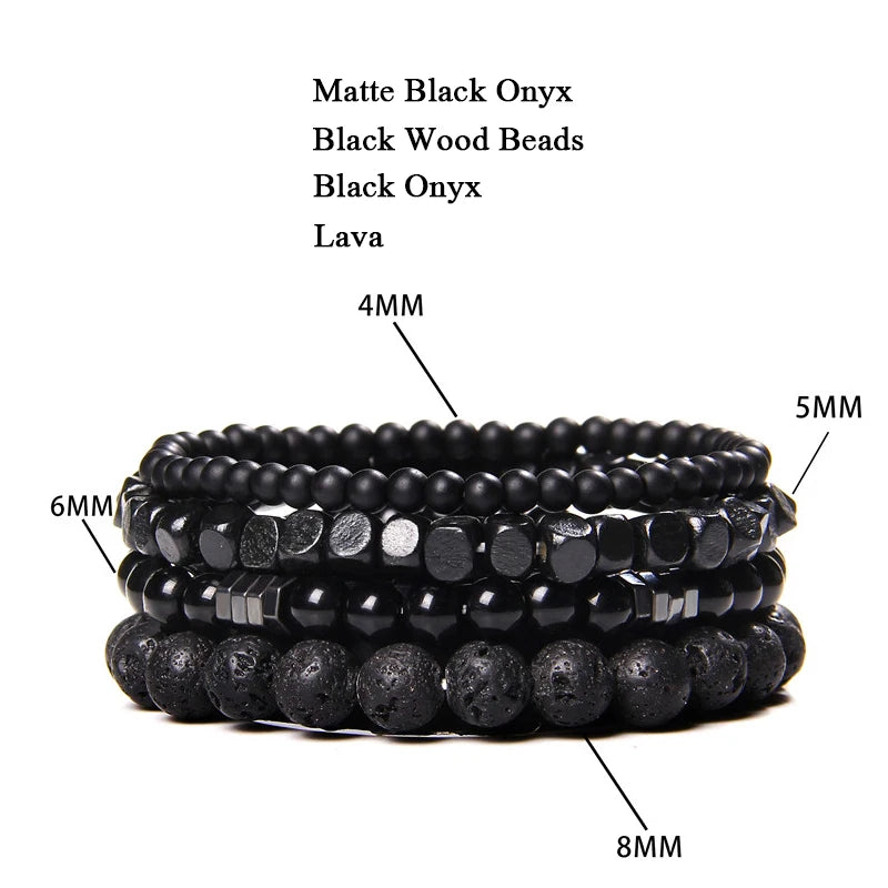 Men Stone Bracelet Set Multi-layer Black Volcanic Wood Beads Elastic Bracelet Viking Homme Pulsera Hombre Hip-Hop Punk Jewelry