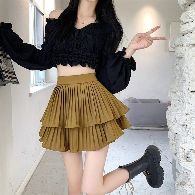 Women Skirts Tiered Ruffles Mini Skirt Cross Charms Built-in Shorts Kawaii Japanese Skort Gothic Punk Y2K Girl Harajuku 90s Sexy