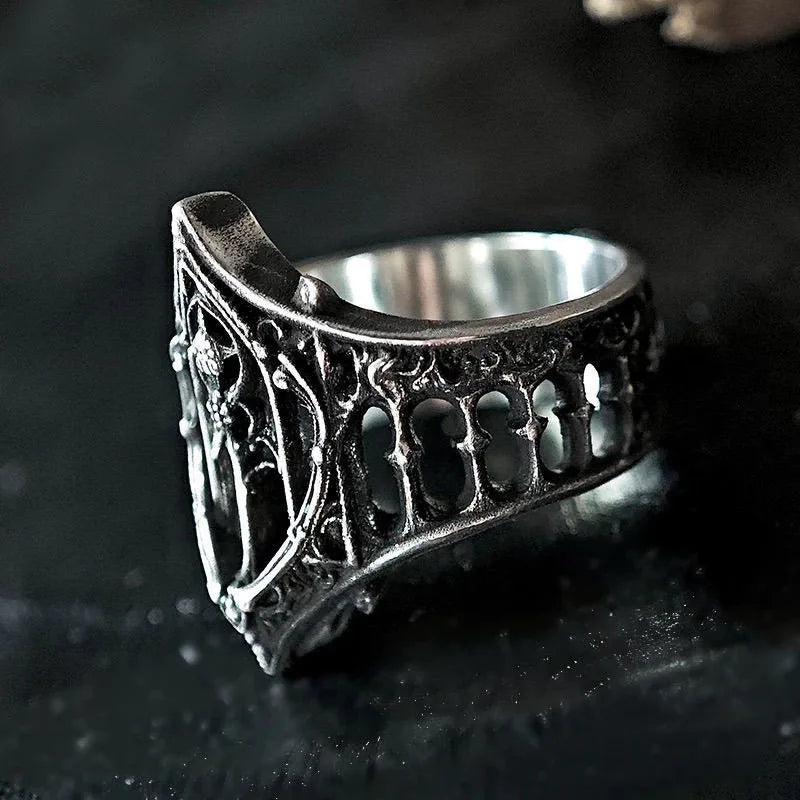 Comfort Fit Gothic Wide Band Ring, Hollow Openwork Carved Punk Biker Rings for Women Men, Retro Hip Hop Statement Jewelry, Lightweight Breathable Pattern Finger Ring Daily Gift