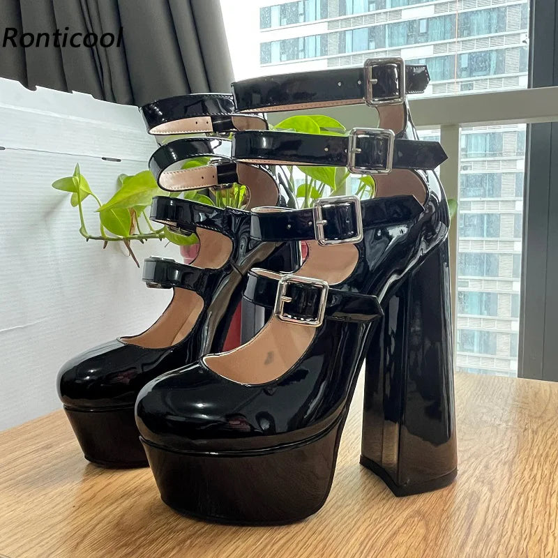 Ronticool Handmade Women Summer Ankle Boots Buckle Strap Chunky Heels Round Toe Elegant Black Party Shoes Plus US Size 5-20