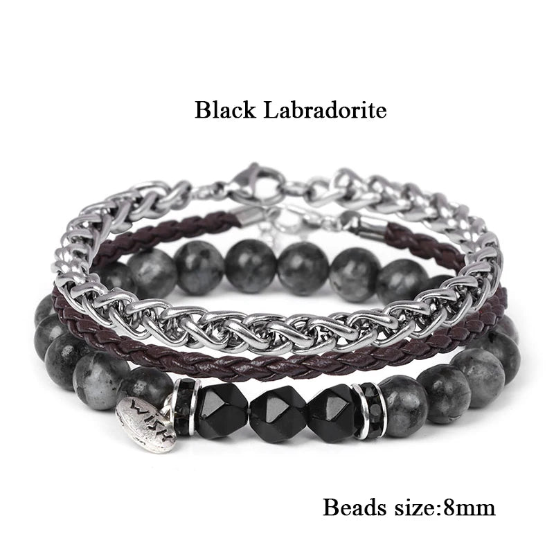 Men Stone Bracelet Set Multi-layer Black Volcanic Wood Beads Elastic Bracelet Viking Homme Pulsera Hombre Hip-Hop Punk Jewelry