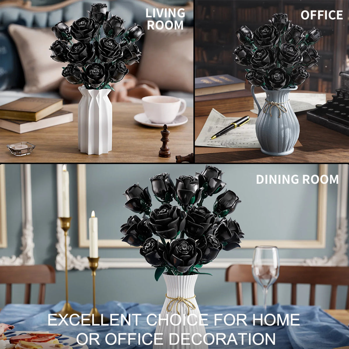 12 Pieces Black Rose Bundle Building Blocks Toys Model Flowers Bricks Toy Sets Desktop Ornament Valentine's Day Christmas Gifts