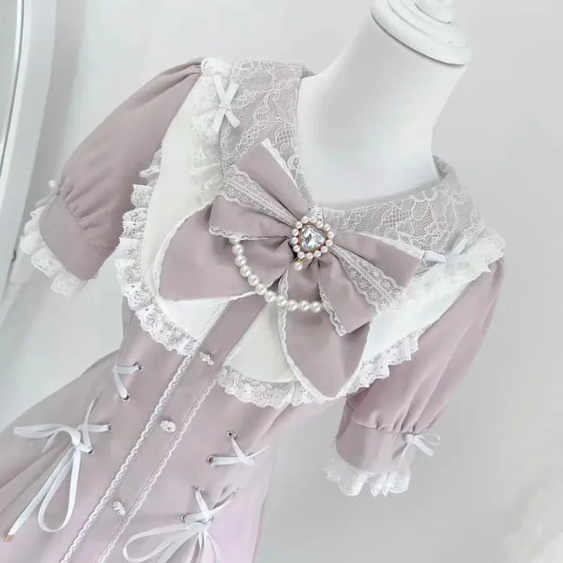 Y2k Aesthetic Lolita Style Bow Dress Shorts Set Japanese Women Gothic Lace Flare Sleeve Button Shirt Dress Punk Party Mini Dress