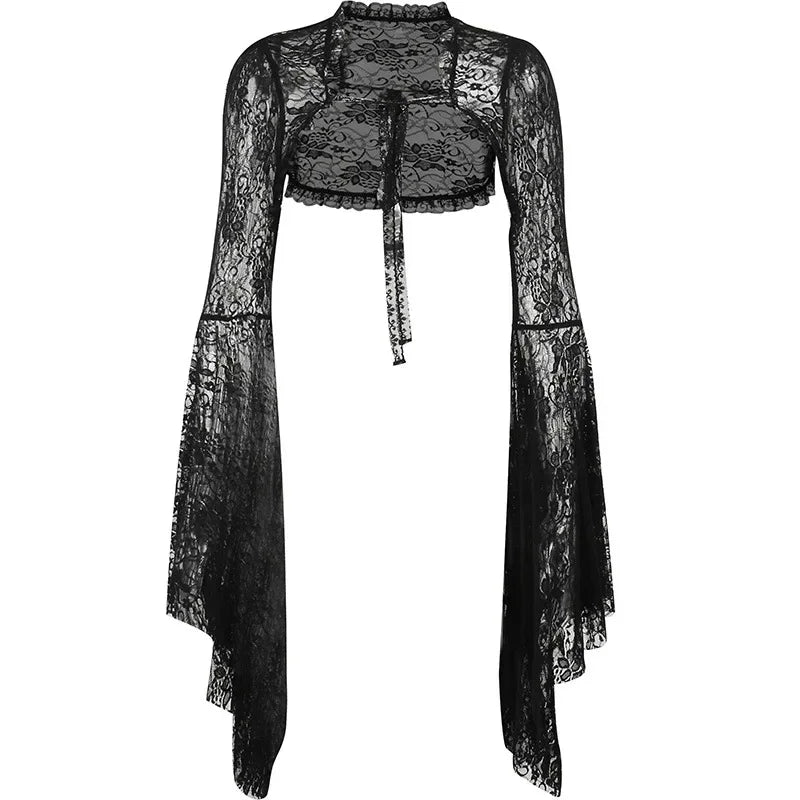 Gothic Classic Lace Cover Ups Women Mesh Crop Top See Through Sexy Flare Sleeve Blouse Y2k Black Rave Outfit Festival