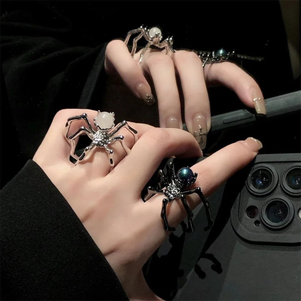 Punk Dark Spider Open Ring Retro Moonstone Black Ring For Women New Gothic Jewelry Dropshipping Wholesale Gift