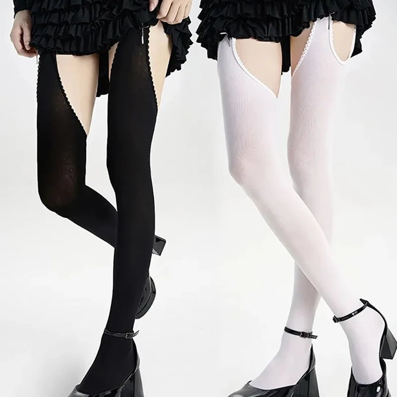 Women Suspender Wide-banded Velvet Tights Lolita Thin Thigh High Stockings with Garters Y2K JK College Style Over The Knee Socks