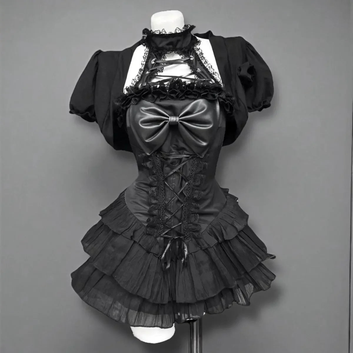 Japanese E-girl Gothic Vintage Dress Women Half High Neck Short Sleeve Bow Lace Mini Dress Cinch Waist Sweet Spicy Black Dress