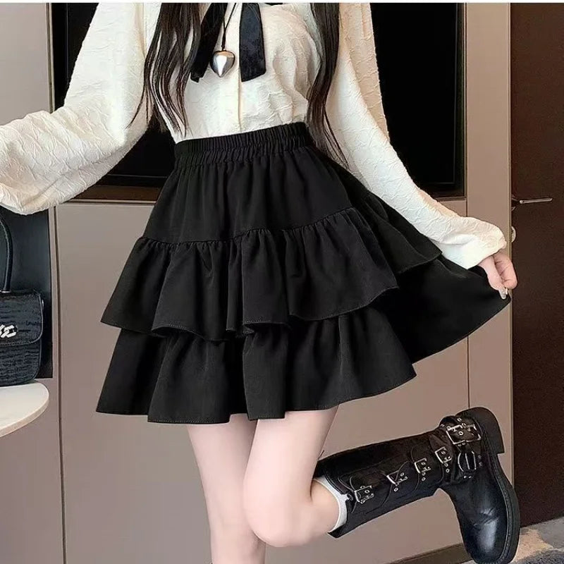 Women Skirts Tiered Ruffles Mini Skirt Cross Charms Built-in Shorts Kawaii Japanese Skort Gothic Punk Y2K Girl Harajuku 90s Sexy
