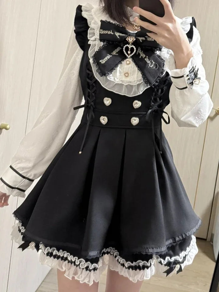 Y2k Aesthetic Lolita Style Bow Dress Shorts Set Japanese Women Gothic Lace Flare Sleeve Button Shirt Dress Punk Party Mini Dress