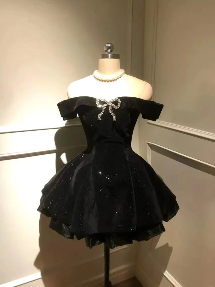 Japanese E-girl Gothic Vintage Dress Women Half High Neck Short Sleeve Bow Lace Mini Dress Cinch Waist Sweet Spicy Black Dress