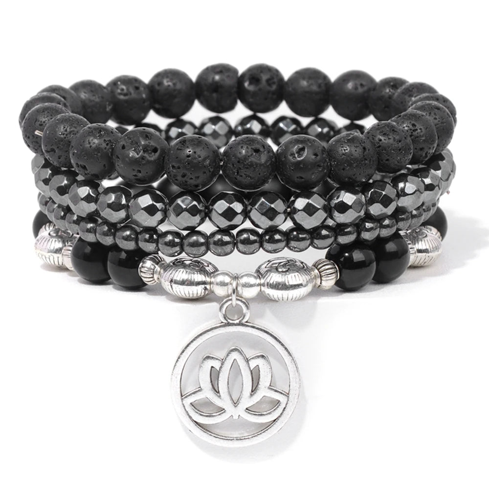 Men Stone Bracelet Set Multi-layer Black Volcanic Wood Beads Elastic Bracelet Viking Homme Pulsera Hombre Hip-Hop Punk Jewelry