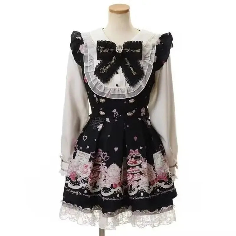 Y2k Aesthetic Lolita Style Bow Dress Shorts Set Japanese Women Gothic Lace Flare Sleeve Button Shirt Dress Punk Party Mini Dress