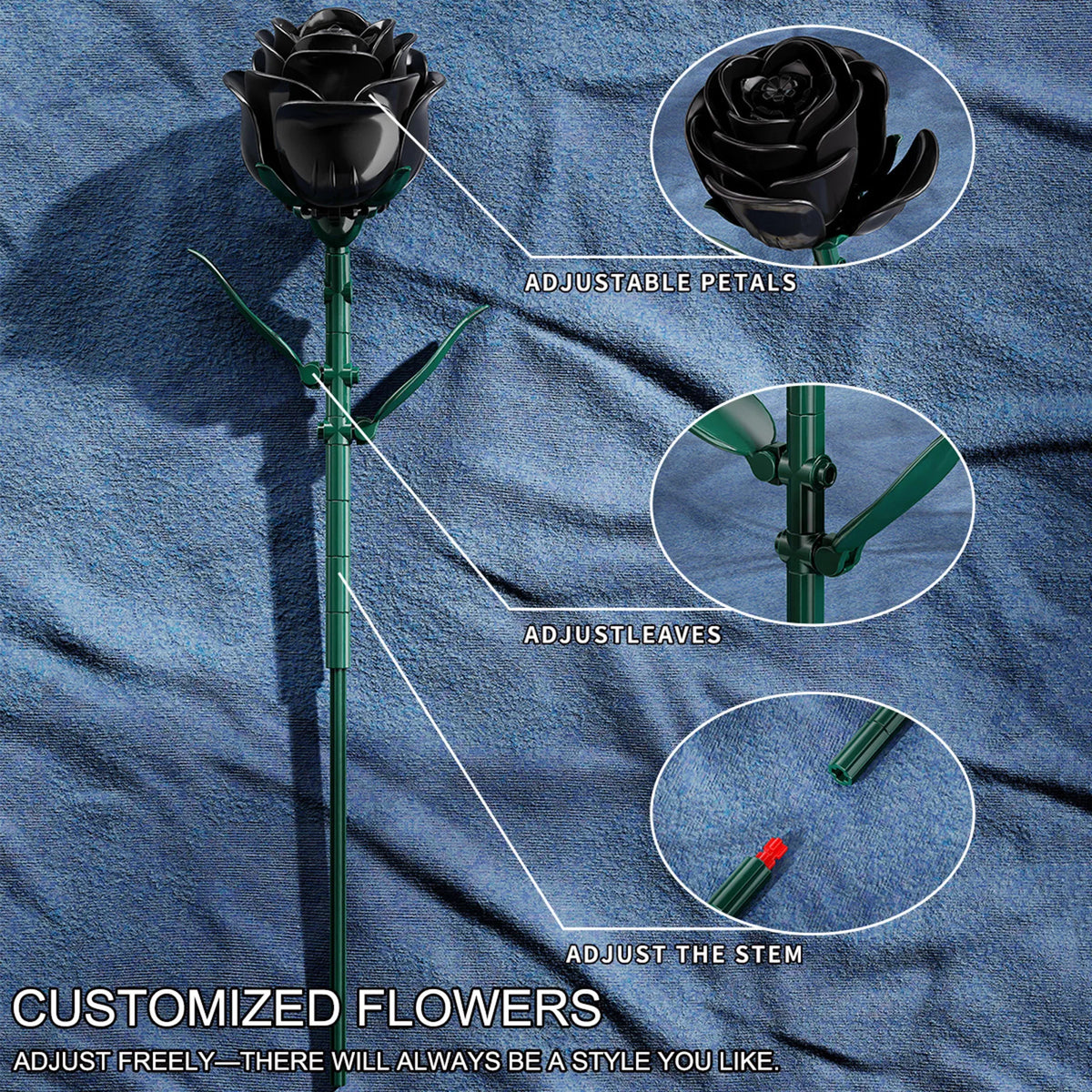 12 Pieces Black Rose Bundle Building Blocks Toys Model Flowers Bricks Toy Sets Desktop Ornament Valentine's Day Christmas Gifts