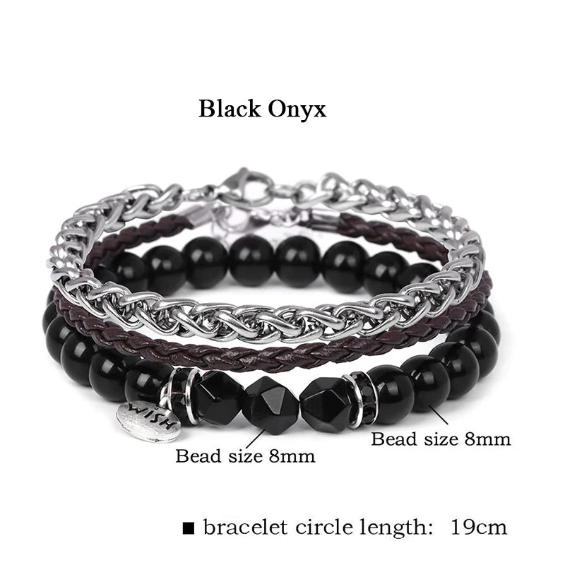 Men Stone Bracelet Set Multi-layer Black Volcanic Wood Beads Elastic Bracelet Viking Homme Pulsera Hombre Hip-Hop Punk Jewelry