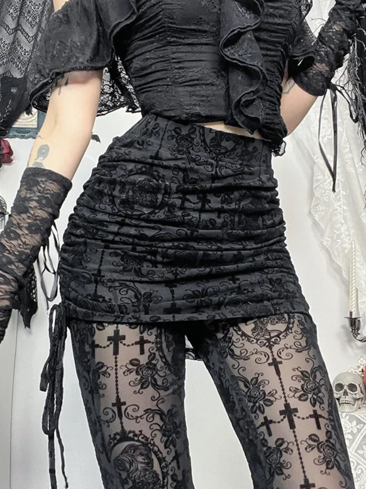 Gothic Dark Flocking Pants Women Streetwear Aesthetic Emo Alt Grunge See Through Lace-up High Waist Flare Pants Female