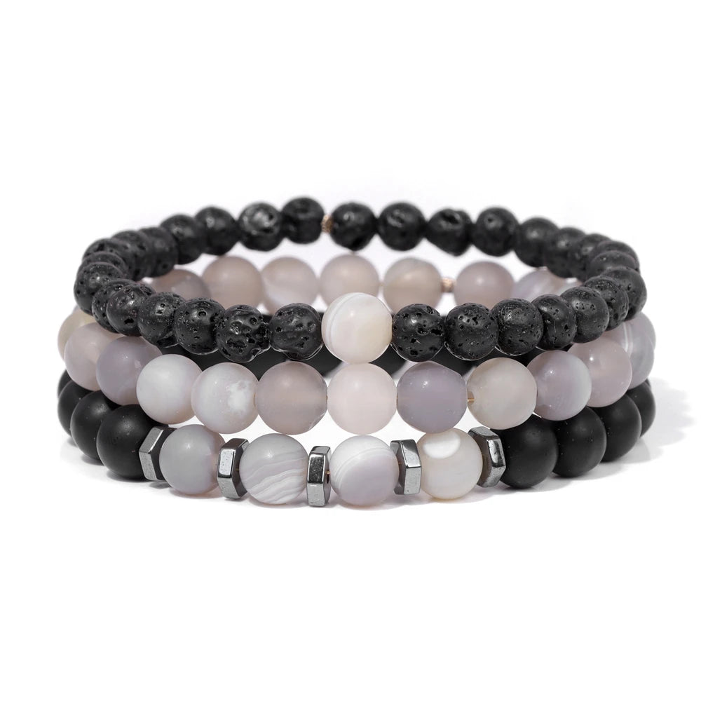 Men Stone Bracelet Set Multi-layer Black Volcanic Wood Beads Elastic Bracelet Viking Homme Pulsera Hombre Hip-Hop Punk Jewelry