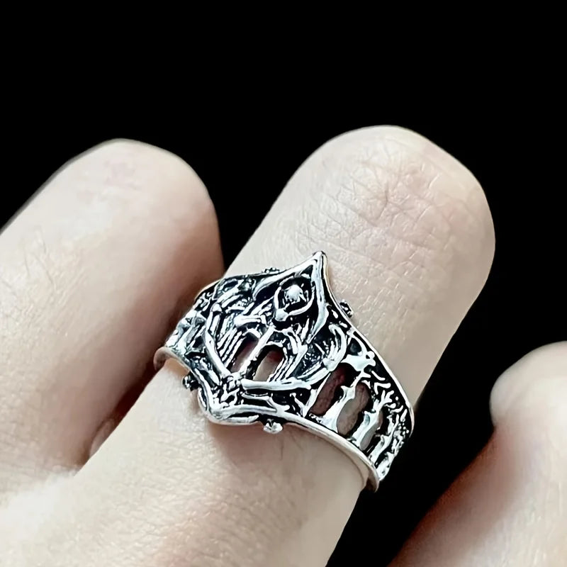 Comfort Fit Gothic Wide Band Ring, Hollow Openwork Carved Punk Biker Rings for Women Men, Retro Hip Hop Statement Jewelry, Lightweight Breathable Pattern Finger Ring Daily Gift