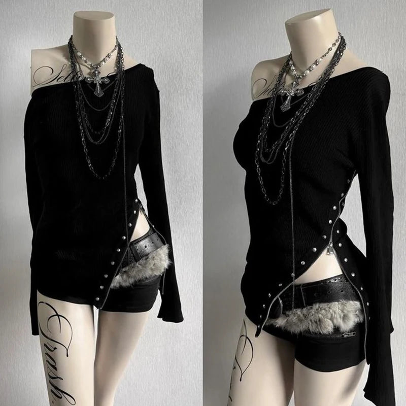 Gothic Y2K Women's Long-Sleeve T-Shirt Sexy Slim Fit Chic Slash Neck Zipper Design Crop Top Rock Punk Hip Hop Women's Streetwear