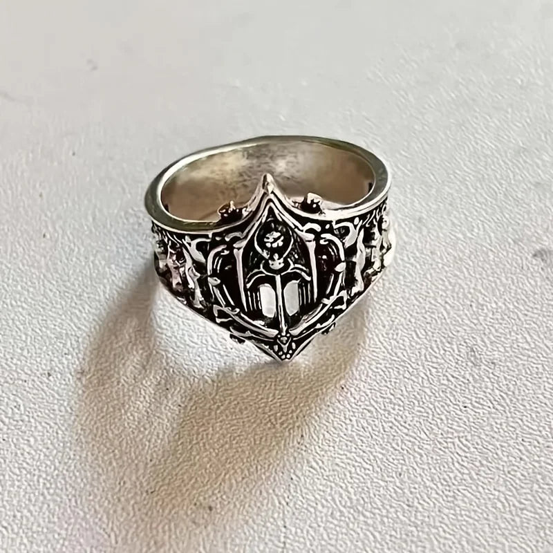 Comfort Fit Gothic Wide Band Ring, Hollow Openwork Carved Punk Biker Rings for Women Men, Retro Hip Hop Statement Jewelry, Lightweight Breathable Pattern Finger Ring Daily Gift