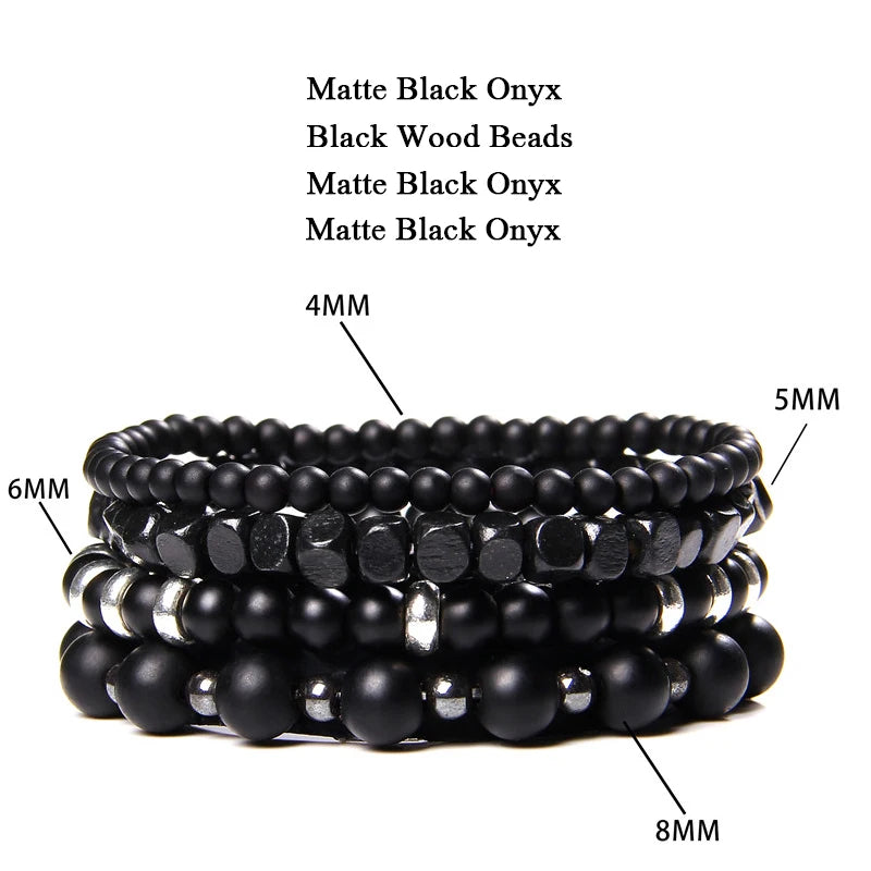 Men Stone Bracelet Set Multi-layer Black Volcanic Wood Beads Elastic Bracelet Viking Homme Pulsera Hombre Hip-Hop Punk Jewelry
