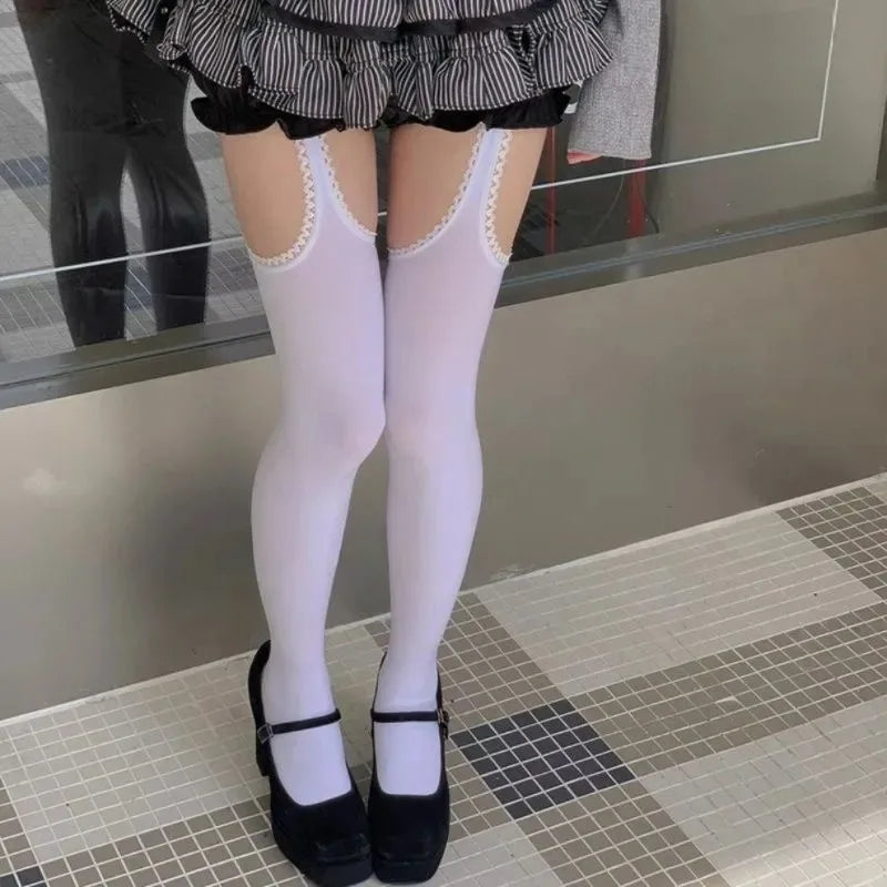 Women Suspender Wide-banded Velvet Tights Lolita Thin Thigh High Stockings with Garters Y2K JK College Style Over The Knee Socks