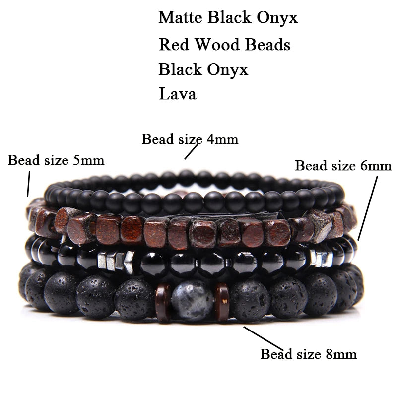 Men Stone Bracelet Set Multi-layer Black Volcanic Wood Beads Elastic Bracelet Viking Homme Pulsera Hombre Hip-Hop Punk Jewelry