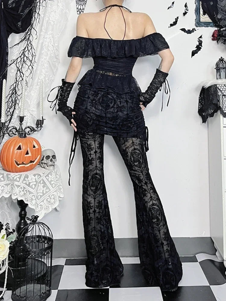 Gothic Dark Flocking Pants Women Streetwear Aesthetic Emo Alt Grunge See Through Lace-up High Waist Flare Pants Female