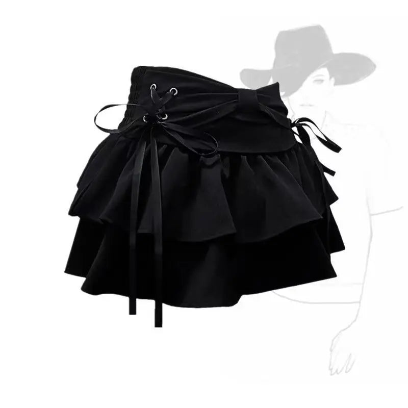 Women Skirts Tiered Ruffles Mini Skirt Cross Charms Built-in Shorts Kawaii Japanese Skort Gothic Punk Y2K Girl Harajuku 90s Sexy