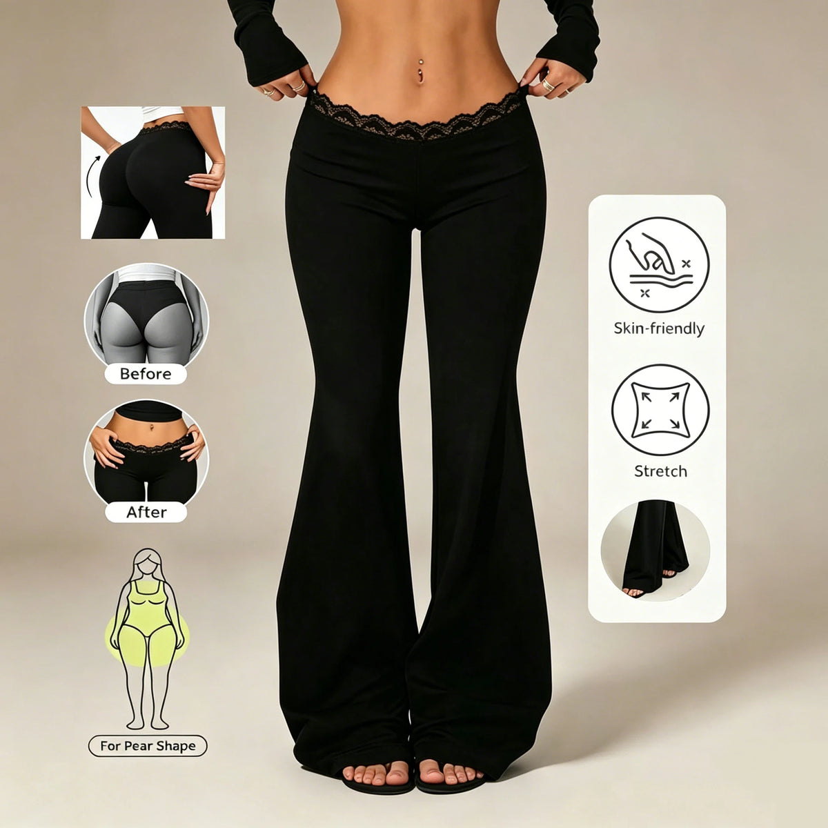 New Sexy Lace High Waisted Leggings for Girls, Flared Pants, Daily Casual Elastic Breathable Pants, Women's Clothing for Travel