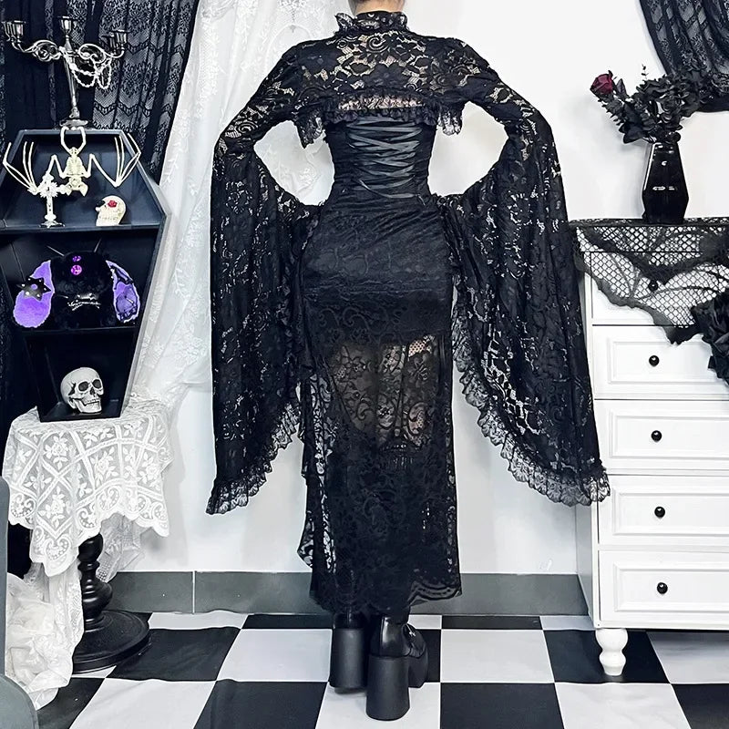 Gothic Classic Lace Cover Ups Women Mesh Crop Top See Through Sexy Flare Sleeve Blouse Y2k Black Rave Outfit Festival