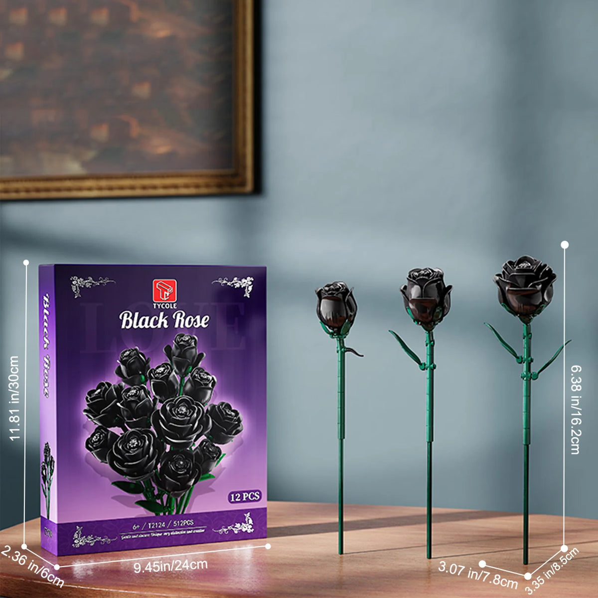 12 Pieces Black Rose Bundle Building Blocks Toys Model Flowers Bricks Toy Sets Desktop Ornament Valentine's Day Christmas Gifts