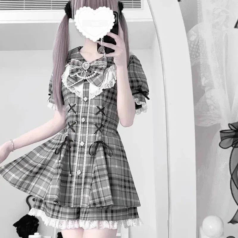 Y2k Aesthetic Lolita Style Bow Dress Shorts Set Japanese Women Gothic Lace Flare Sleeve Button Shirt Dress Punk Party Mini Dress