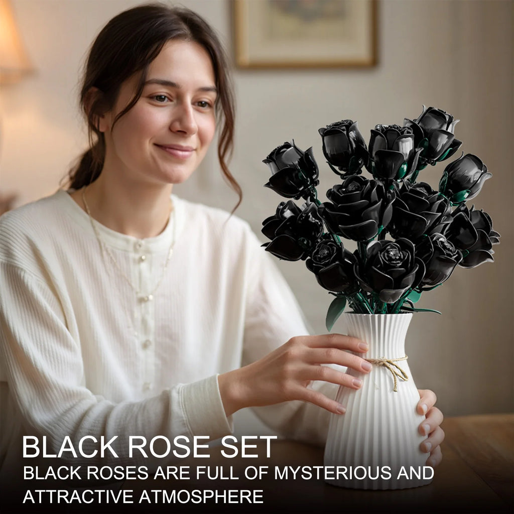 12 Pieces Black Rose Bundle Building Blocks Toys Model Flowers Bricks Toy Sets Desktop Ornament Valentine's Day Christmas Gifts