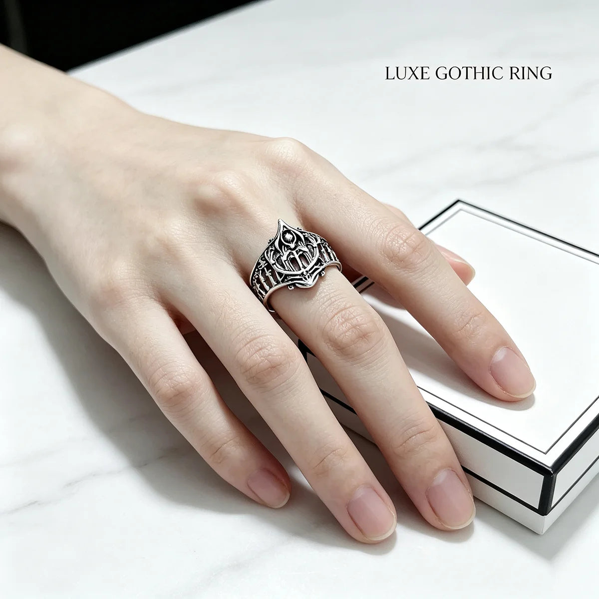 Comfort Fit Gothic Wide Band Ring, Hollow Openwork Carved Punk Biker Rings for Women Men, Retro Hip Hop Statement Jewelry, Lightweight Breathable Pattern Finger Ring Daily Gift