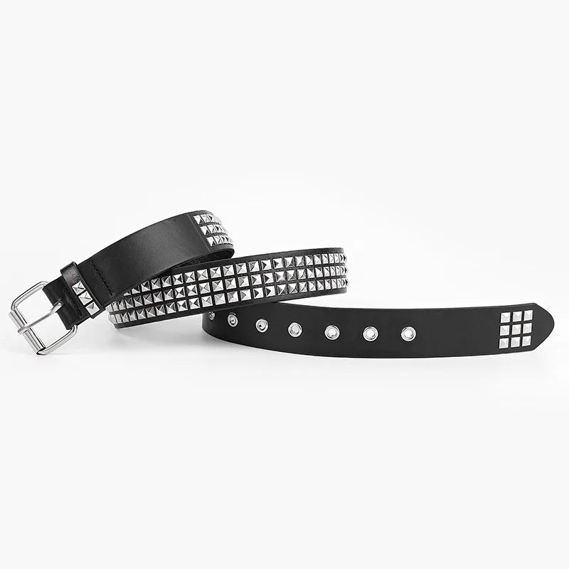 Fashionable Punk European American Pyramid and Square Bead Studded Leather Belt Trendy Niche Women’s Pin-Buckle Belts