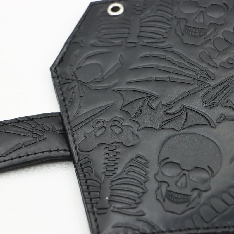 Dark Spooky Goth Vintage Embossed Skull Coffin Wallet Halloween Pattern Clutch PU Wallet