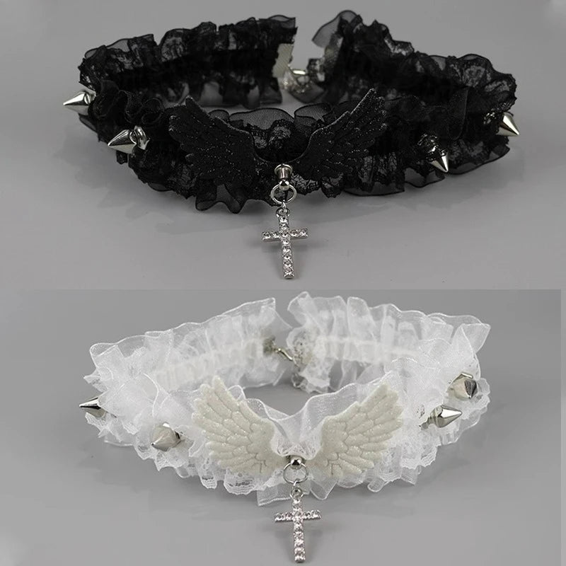 Fashion Solid Color Women Girls Necklace Wide Lace Rivets Lolita Lace Choker Y2K Angel Wings Cool Leather Necklace Daily Wear